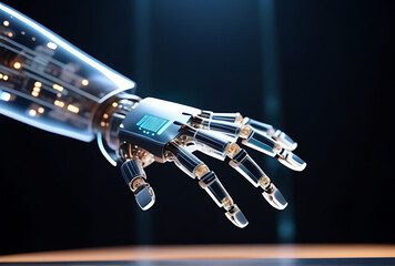 robot hand interacting transparent floating computer screen