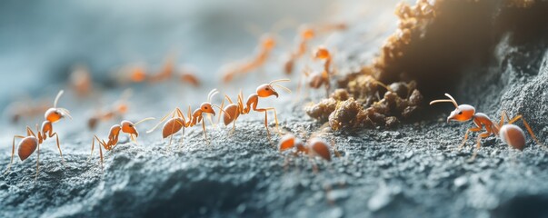 Detailed shot of ants carrying food on rocky surface conveying teamwork and unity in nature