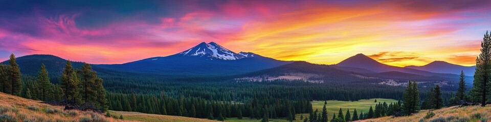 Fototapeta premium Mountain Sunset Panoramic View: Vibrant Colors near Bend, Oregon