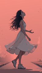 open layer vector lovely brunette girl dancing with traditional white dress on street on pink background © Mohammad