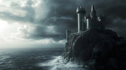 Castle on a cliff dark stormy ocean high contrast moody dramatic deep shadows gothic intricately detailed 3D architecture