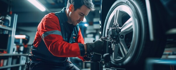 Fototapeta premium Mechanic in a workshop carefully inspecting and repairing a car wheel with precision tools, focused on ensuring safety and performance