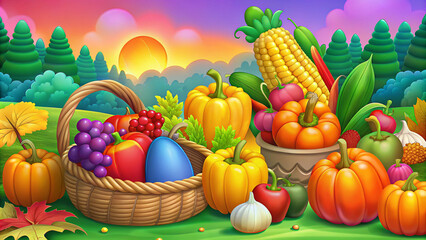 Thanksgiving harvest festival, bright, colorful, abundant, happy, sunny, AI Generation