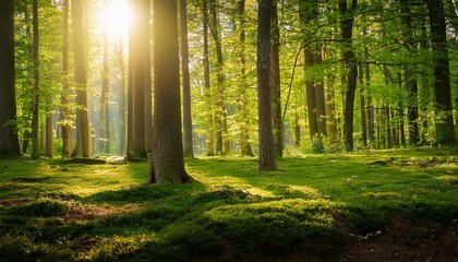 enchanting green forest illuminated by warm sunlight on a beautiful and sunny day