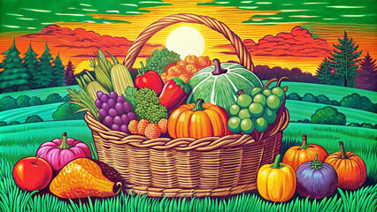 Thanksgiving harvest festival, bright, colorful, abundant, happy, sunny, AI Generation