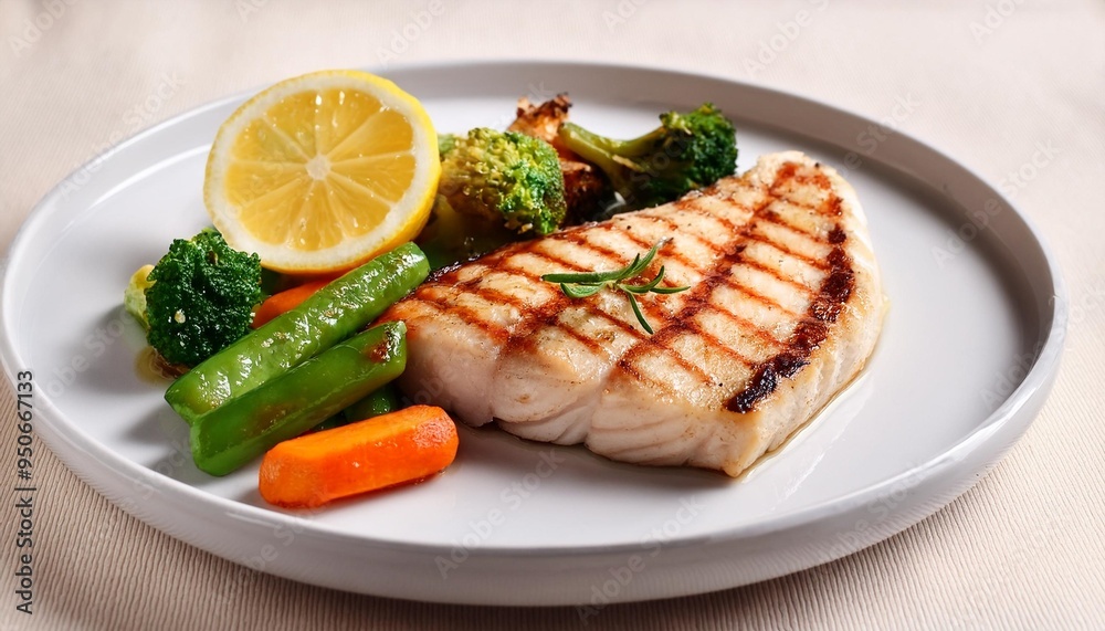 Poster freshly grilled swordfish steak served with steamed vegetables and garnished with lemon wedges on a 