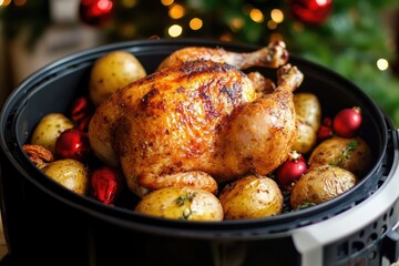 Whole Fryers. Air fried chicken with baked potatoes in the fryer basket - a healthy homemade alternative