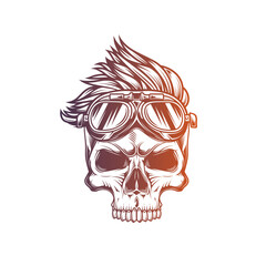 Hipster skull with motorcycle glasses and trendy hairstyle. Original vector illustration in vintage style isolated on white background. T-shirt design.