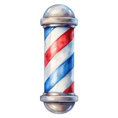 Watercolor illustration of a traditional barber pole with red, white, and blue stripes, symbolizing a barbershop. Isolated on transparent background, png.