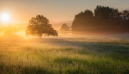 tranquil foggy grassland and trees at sunrise