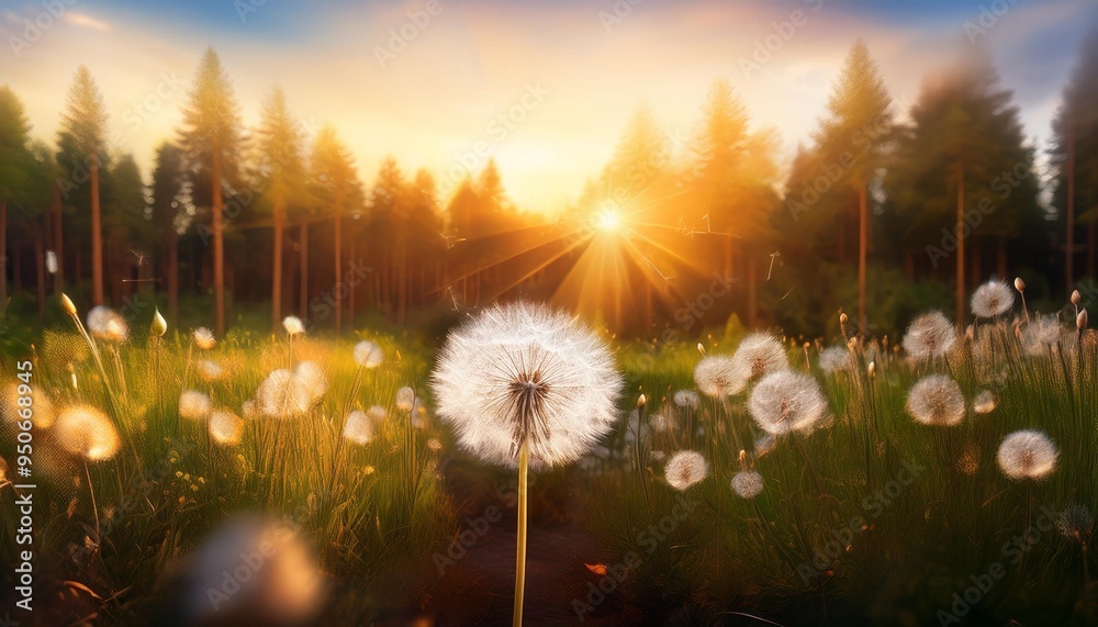 Wall mural big white dandelion in a forest at sunset abstract nature background