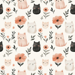 Seamless cute cat and floral pattern with pastel tones on a light background © Thitiporn