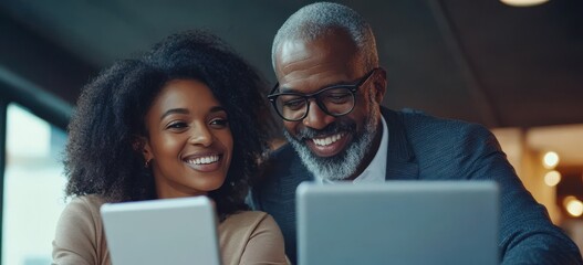 businesswoman and her male boss smile as they use an tablet in the office