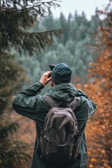 Obraz premium Hiker Capturing the Autumn Woodland Scenery