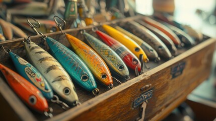 Various fishing lures, vintage and modern, in a wooden box. Passion for fishing. Retro hooks and tackle shop