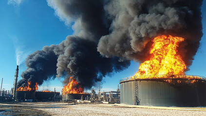 Oil refinery burning with huge flames and black smoke
