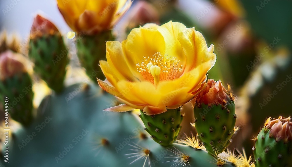 Wall mural close up detail of beautiful opuntia prickly pear cactus with yellow blossom can be used as backgrou