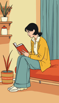 open layer vector of a brunette woman with orange dress reading a book
