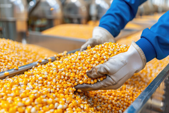 Factory worker holding corn grains during quality control process