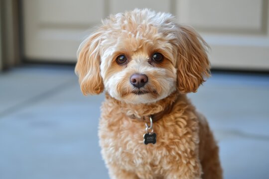 Garage Door Dog: Bichpoo Puppy in Front of a Home Garage Door