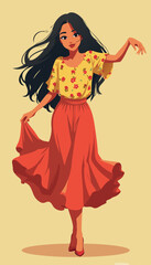 open layer vector of a brunette persian girl with traditional red and yellow dress is dancing