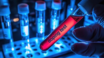 Doping test. Test tube with blood in hands doctor. Search for doping in athlete. Test for prohibited drugs in lab. Studying blood for presence doping. Sports pharmacology. Antibiotics for athletes