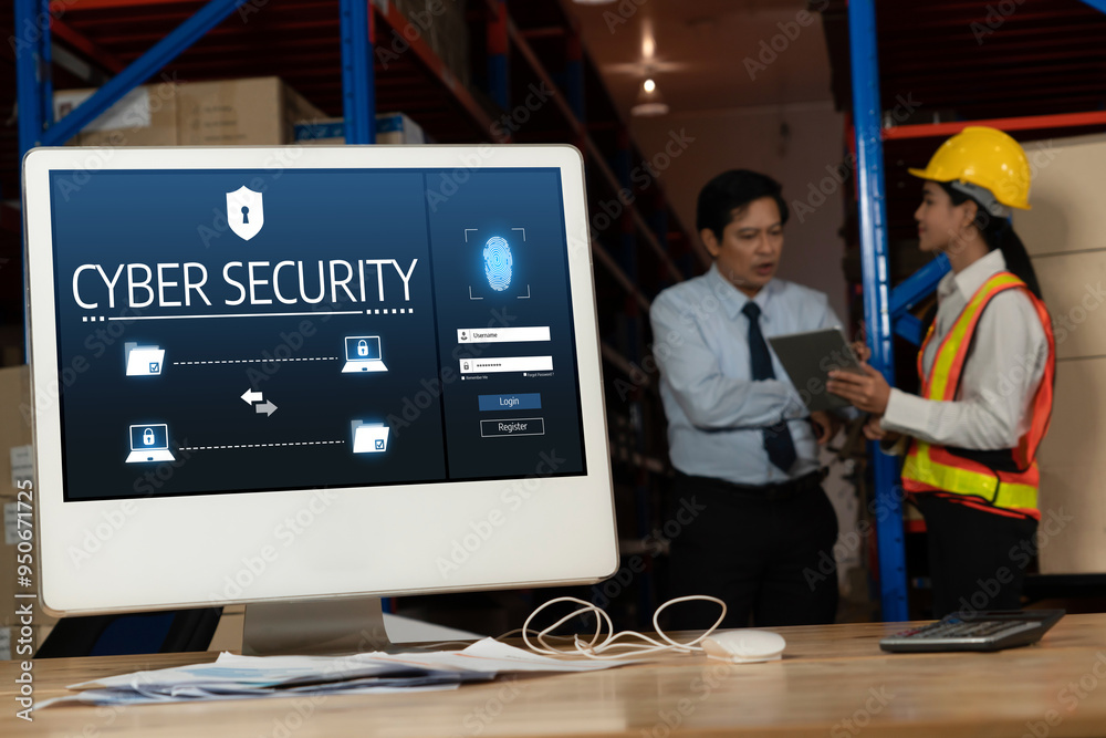 Poster cyber security system on computer screen protect private information snugly from hacker and cyber at