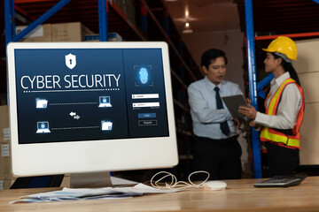 Cyber security system on computer screen protect private information snugly from hacker and cyber attack