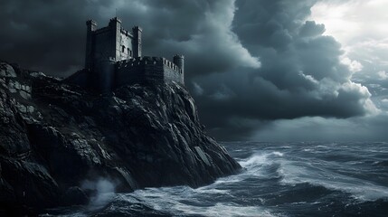 Naklejka premium Castle perched on a cliff dark stormy ocean high contrast gothic moody dramatic deep shadows intricately detailed 3D architecture