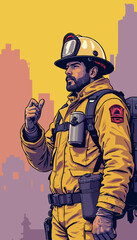 open layer vector of a fire fighter standing, purple and yellow