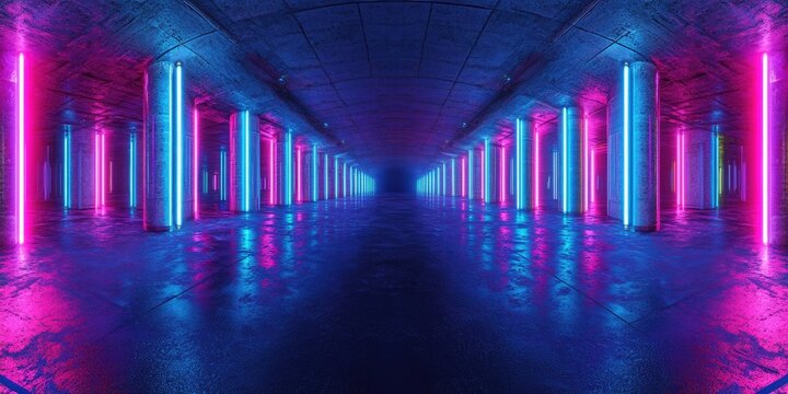 Sci Fi Hdri. Futuristic Neon Lights Interior 360 Panoramic View of Cyber Garage Room Hangar