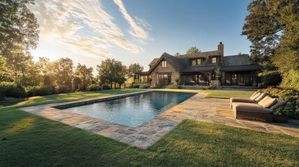 Naklejka premium Stone House with a Pool and a Lush Green Lawn