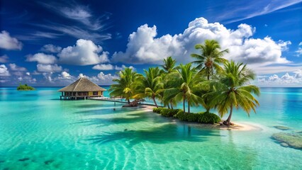 Naklejka premium Turquoise lagoon waters surround a picturesque island with swaying palm trees, pristine white sandy beach, and a luxurious overwater bungalow in the distance.