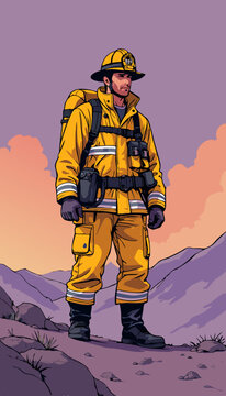 open layer vector of a fire fighter standing, purple and yellow