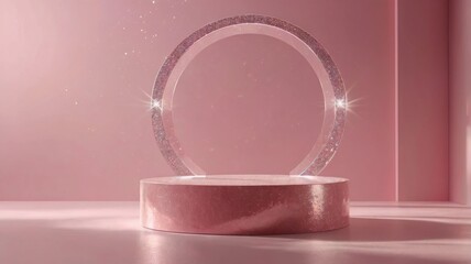 Pink glitter round podium displaying behind glass arch on pink background