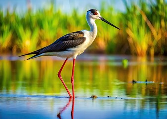 Obraz premium Magnificent bird with striking black and white feathers, long legs, and curved beak, standing in shallow water, surrounded by serene natural wetland landscape.
