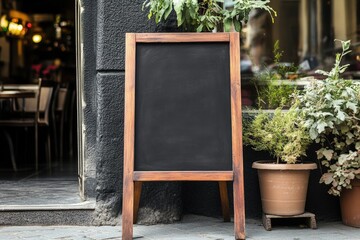 A-Frame Sign Mockup. Blank Blackboard Signboard Outside Cafe for Advertising Business