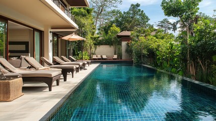 Fototapeta premium Luxurious Poolside Retreat with Tropical Greenery
