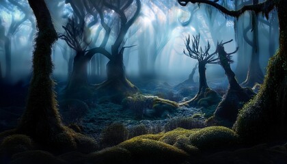 enchanted forest with luminous eerie plants fog covered ground gnarled trees and a spooky halloween vibe with dark shadows