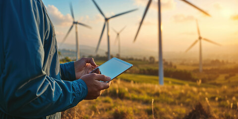 Engineer holding tablet monitoring wind turbine operation
