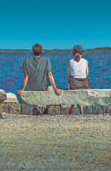 Summer Thoughts - The couple sits together on a stone bench by the ocean, each looking off in different directions. Photo illustration stained-glass effect. 