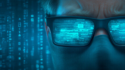 Person in a mask wearing futuristic glasses with digital display
