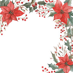 Watercolor illustration of poinsettia flowers and holly leaves arranged vertically, isolated on white background. Perfect for Christmas decorations and greeting cards.


