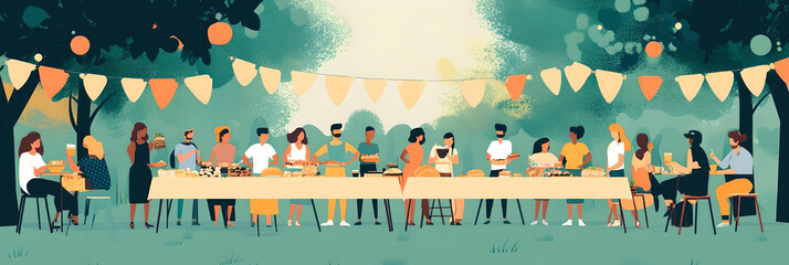 A large group of people enjoying a community feast outdoors in a green park, with banners and decorations, symbolizing celebration, togetherness, and community spirit.
