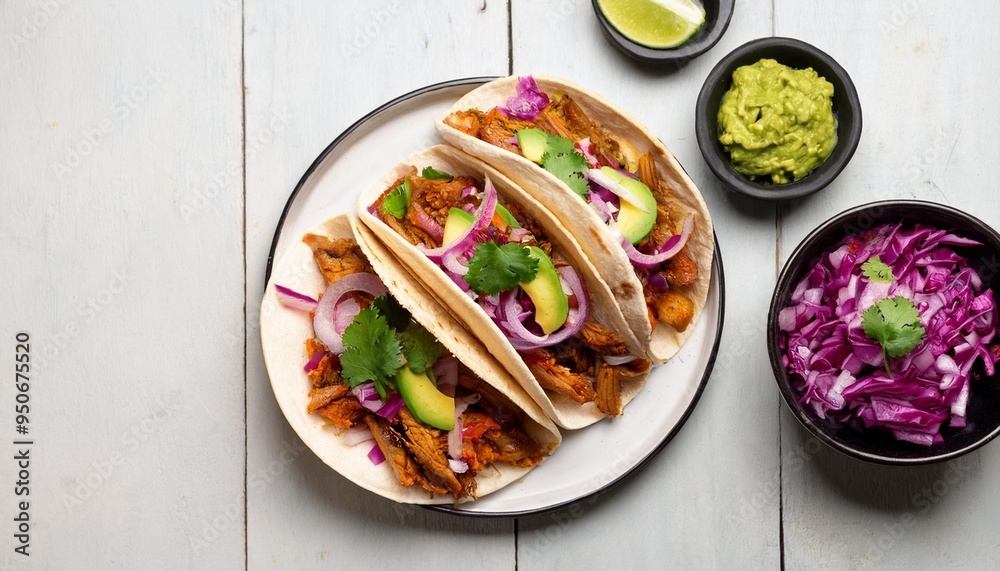 Wall mural mexican street tacos flat lay composition with pork carnitas avocado onion cilantro and red cabbage