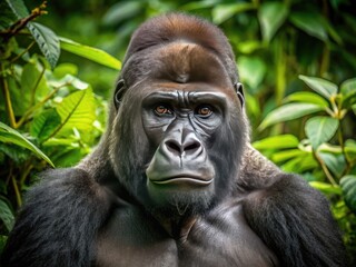 Obraz premium Magnificent western lowland gorilla in lush jungle habitat, showcasing powerful build and strong expressions.