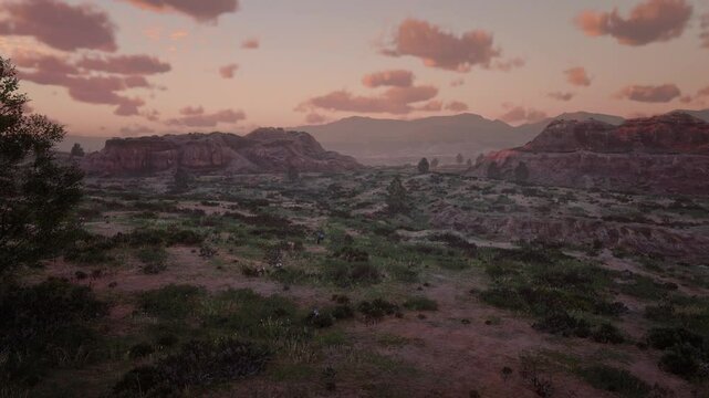 3D. USA. Arizona. Mountains with Wildlife in Sunset