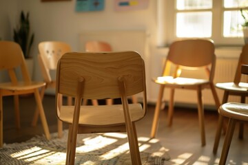 A group of chairs are arranged in a circle on a carpeted floor, generative ai image