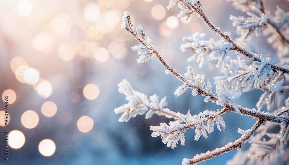 Wall mural frosted branches with bokeh background winter wonderland