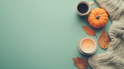 Autumn coffee arrangement with pumpkins, candles, and colorful leaves on a teal background in a cozy setting